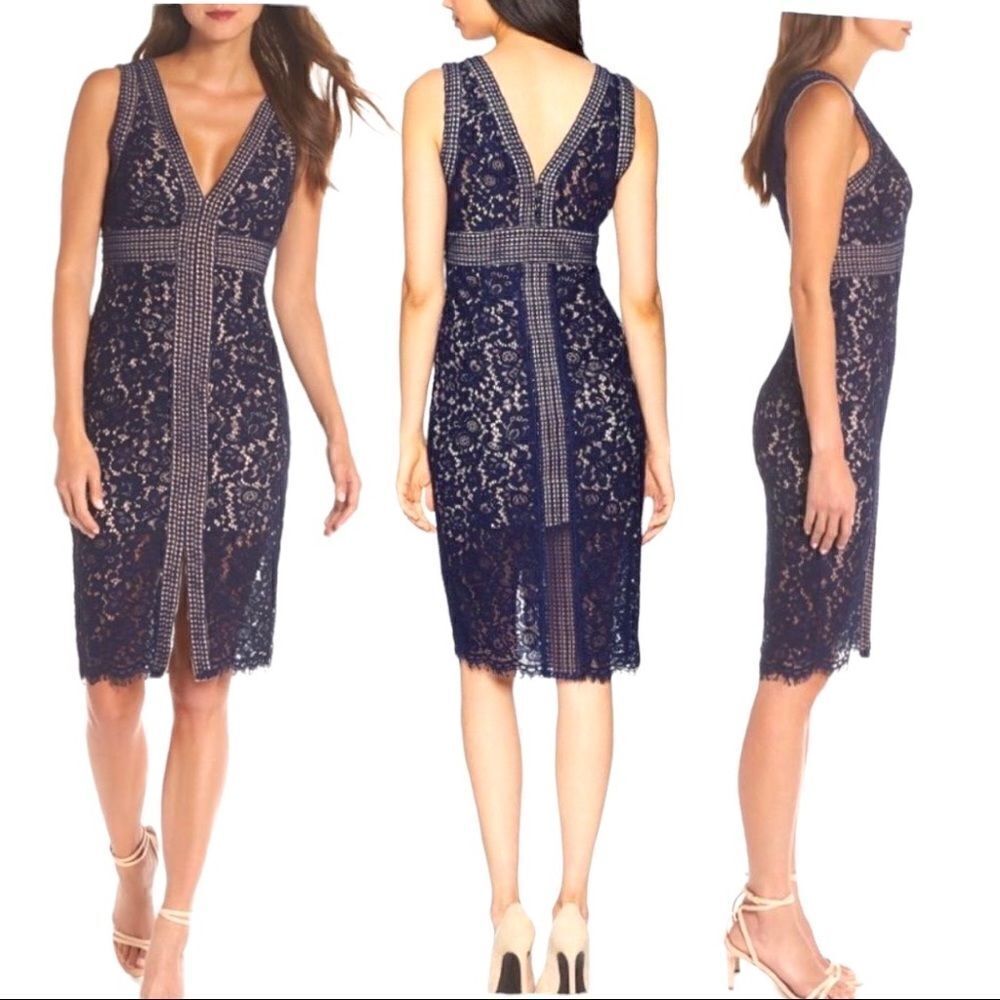 Bardot Navy Lace V-Neck Sheath Mini Dress